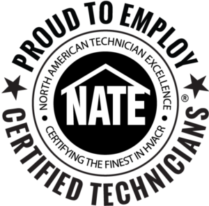 NATE seal stating "Proud to Employ Certified Technicians" with "North American Technician Excellence" and "Certifying the Finest in HVACR" inside a circular badge—your trusted source for furnace repair in Bargersville, Indiana.