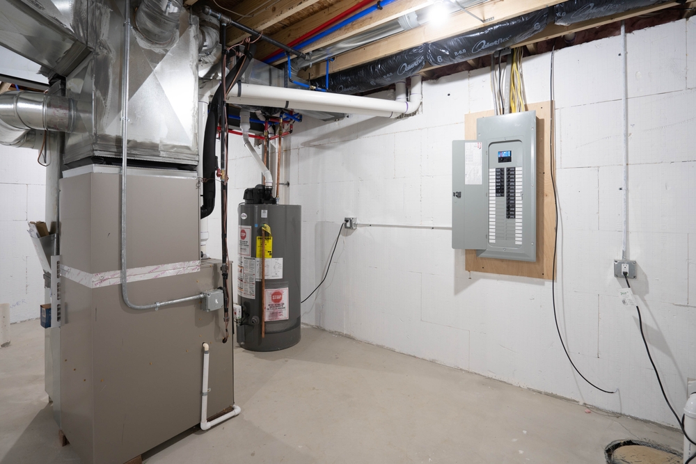 A basement in Indiana with a gas furnace, water heater, and electrical panel all mounted on a painted concrete wall.